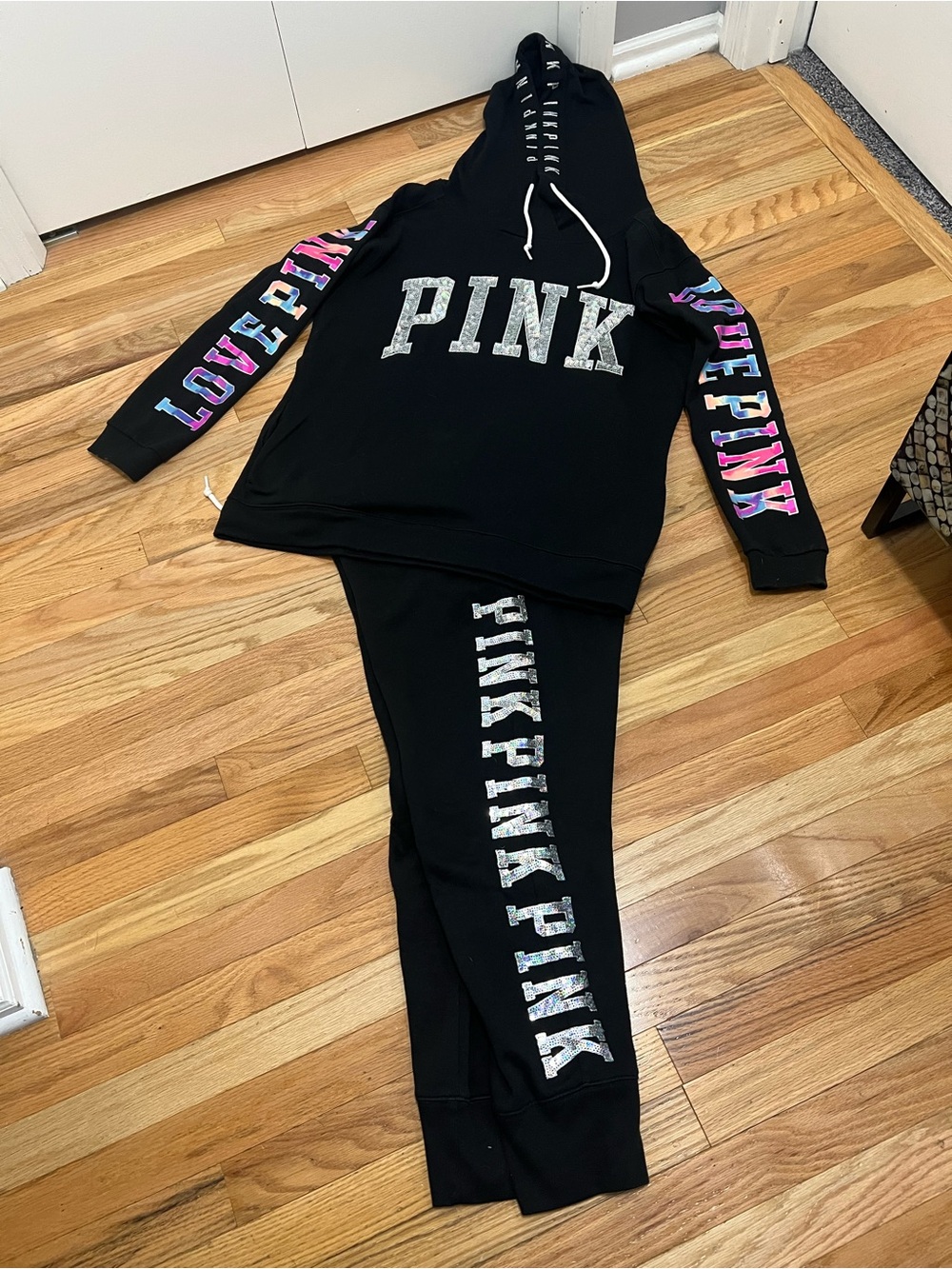 PINK Victoria's Secret watercolor sequin Black Logo Hoodie & Jogger Set M & L